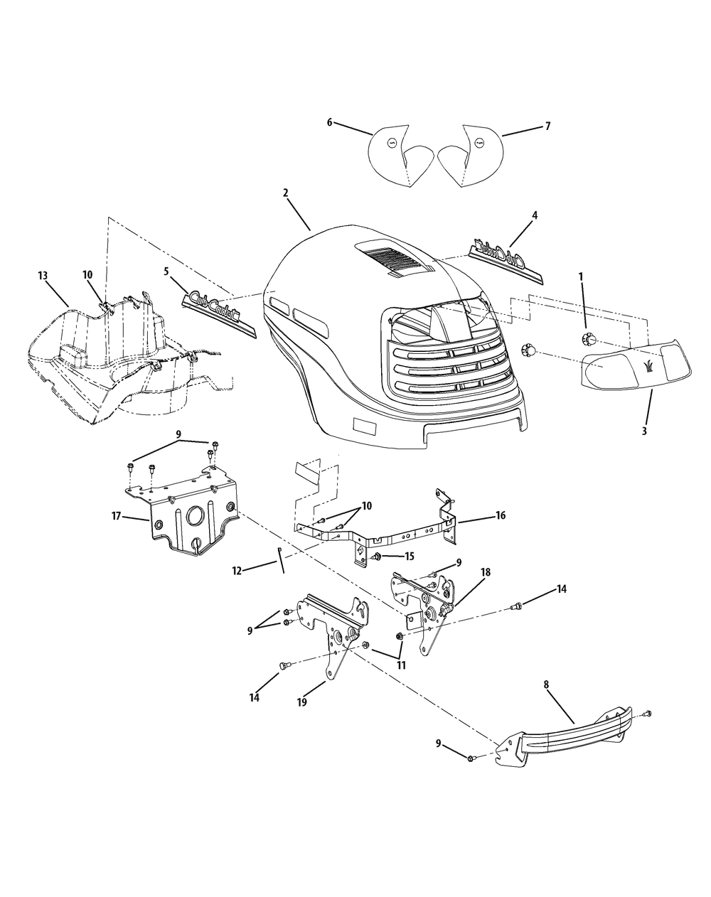 Hood And Grille Diagram and Parts List for GT1554VT 14VR13CK009-14VR13CK010 Cub Cadet Lawn Tractor